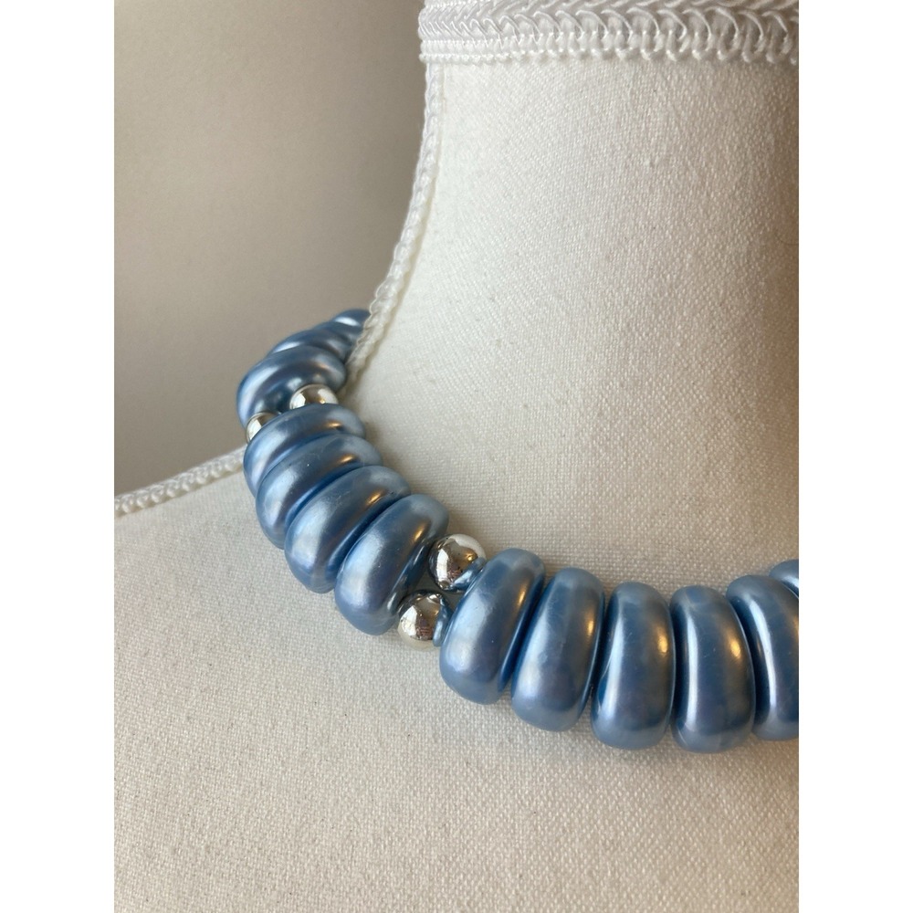 Vintage Blue Ribbed Bead Choker Necklace Silver Tone Retro Statement Chunky Glam - Picture 4 of 7
